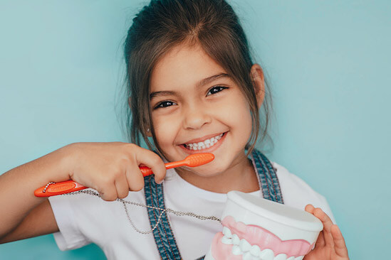 A young girl with baby teeth mimics brushing her teeth while holding a model of teeth